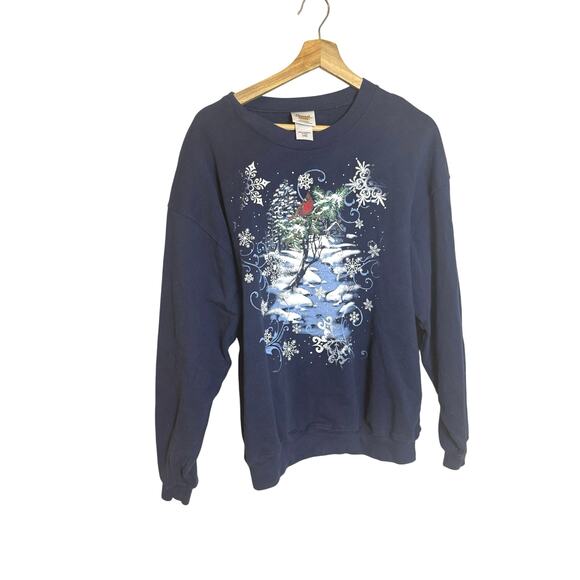 Women’s Navy Blue Crewneck Cardinal Winter Cabin Snow Graphic Sz L - Picture 1 of 3